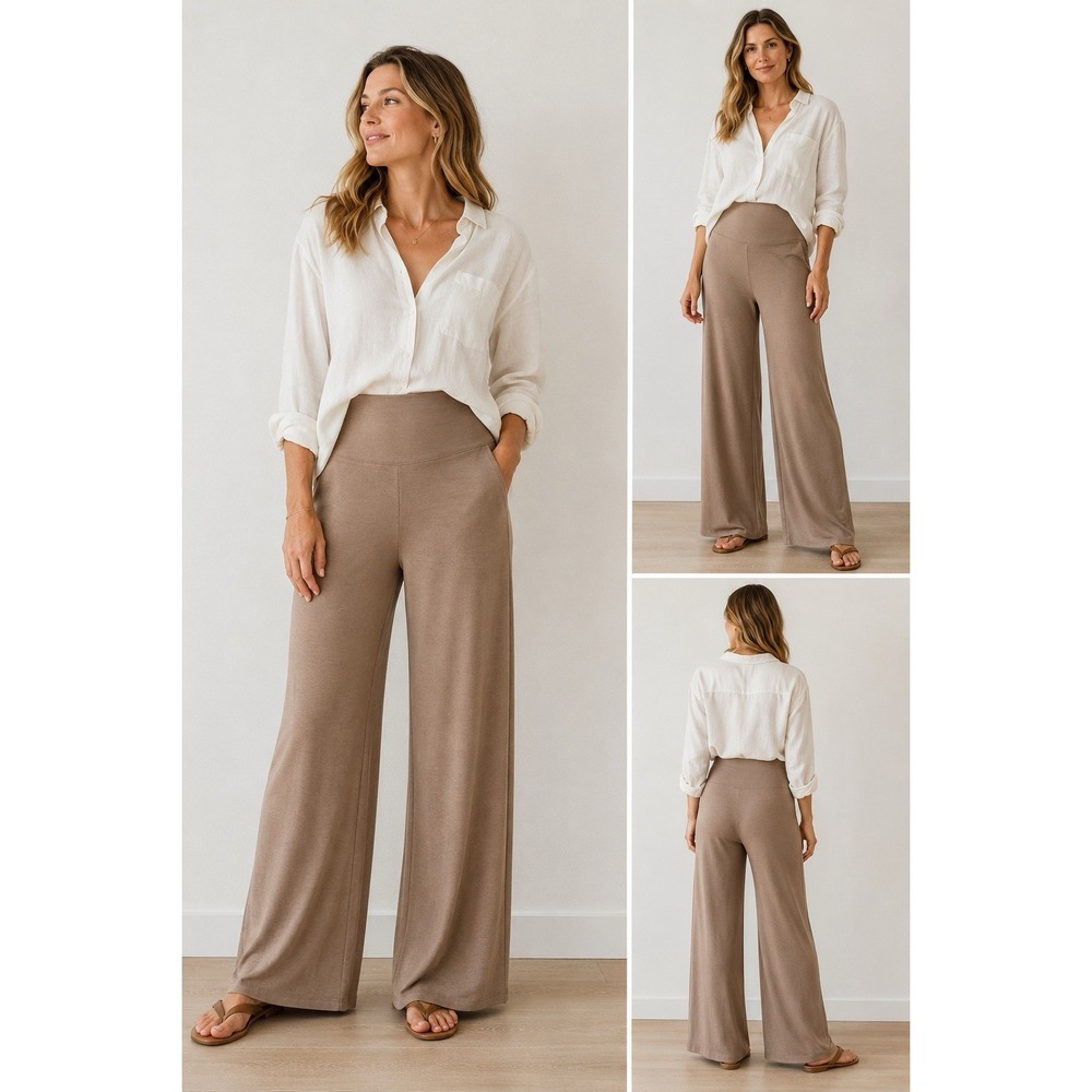 Magaschoni Wide Leg Knit Pants Taupe Pull-On Palazzo Lounge Pants Size Large - Picture 12 of 12